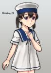  1girl black_hair blue_collar collar cowboy_shot dress gradient gradient_background grey_background hand_on_own_chest hat kantai_collection makun_dx one-hour_drawing_challenge purple_eyes sailor_dress sailor_hat short_hair short_sleeves shounan_(kancolle) solo standing twintails twitter_username white_dress white_headwear white_legwear 