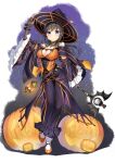  1girl absurdres black_dress black_gloves black_hair black_hat black_wrist_cuffs blue_eyes blush breasts cleavage closed_mouth clothing_cutout commentary_request cross-laced_clothes detached_collar detached_sleeves dress fire frilled_sleeves frilled_wrist_cuffs frills full_body gloves glowing halloween hat heart_cutout highres holding holding_wand jack-o&#039;-lantern lantern orange_shoes original panties rissenka shoes smile solo striped_sleeves underwear wand white_panties witch witch_hat wrist_cuffs 