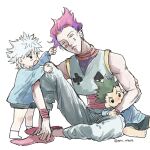  3boys babysitter biting child gon_freecss green_hair hair_pull highres hisoka_morow hunter_x_hunter killua_zoldyck male_focus multiple_boys red_hair tired torohiko white_hair 