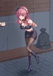  1girl absurdres alternate_costume angel_beats! arms_behind_back bare_shoulders bdsm black_boots black_bow black_choker black_hairband black_pantyhose blunt_bangs blush bondage boots bound bound_arms bow breasts cap_(user_dxfj5558) choker cleavage clenched_teeth collar collarbone commentary crop_top eyelashes eyes_visible_through_hair feather_hair_ornament feathers figure_story full_body green_eyes hair_bow hair_ornament hairband high_heel_boots high_heels highres knee_boots large_variant_set leaning_forward leash long_hair looking_ahead medium_breasts midriff miniskirt nakamura_yuri outdoors pantyhose pencil_skirt public_indecency purple_hair shibari shibari_over_clothes shorts side_slit skindentation skirt solo standing standing_on_one_leg teeth thighband_pantyhose v-shaped_eyebrows variant_set 