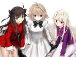  3girls absurdres arcueid_brunestud arima_miyako black_shorts blonde_hair blue_notuki breasts brown_hair chinese_clothes company_connection crossover dress eco-arc fate/stay_night fate_(series) green_eyes group_picture highres illyasviel_von_einzbern jacket long_hair melty_blood multiple_girls purple_shirt red_eyes red_jacket shirt shorts sitting skirt slit_pupils tsukihime tsukihime_(remake) white_dress white_skirt 