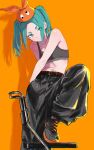  1girl aqua_eyes aqua_hair belt black_pants breasts chair expressionless googly_eyes hat highres looking_at_viewer medium_hair monogatari_(series) navel no_shirt ononoki_yotsugi orange_background pants rhinth shoes small_breasts sneakers solo sports_bra thick_eyebrows twintails 