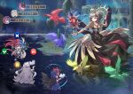  4girls absurdres armor bird blue_aura blue_gloves blue_hair book breasts commission dress english_commentary fang feather_hair_ornament feathers female_alear_(fire_emblem) floating floating_book floating_island floating_object gameplay_mechanics gloves greaves grey_hair hair_ornament health_bar highres ivy_(fire_emblem) long_hair mario_(series) mosuke1221 multicolored_hair multiple_girls open_mouth purple_hair red_hair second-party_source short_hair_with_long_locks skeb_commission skin_fang super_mario_rpg two-tone_hair user_interface veronica_(emblem)_(fire_emblem) veronica_(fire_emblem) veronica_(princess_rising)_(fire_emblem) very_long_hair veyle_(fire_emblem) wading water 