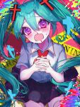 1girl @_@ absurdres ahoge ame_namida blood blush caution_tape collared_shirt commentary_request confessions_of_a_rotten_girl_(vocaloid) cross cross_hair_ornament cross_tie fang hair_ornament hatsune_miku highres long_hair looking_at_viewer nosebleed own_hands_clasped own_hands_together plaid_clothes plaid_skirt purple_eyes school_uniform shirt short_sleeves sitting skin_fang skirt solo sweat twintails very_long_hair vocaloid 