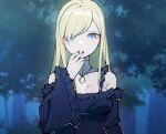  1girl alice_lendrott bare_shoulders black_dress black_nails blonde_hair blue_eyes breasts choker commentary_request dress error1980 frilled_dress frills hand_on_own_chin highres jewelry large_breasts long_hair looking_at_viewer necklace night no_headwear ribbon_choker shinigami_bocchan_to_kuro_maid solo swept_bangs upper_body 