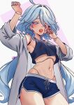  1girl absurdres arms_up blue_hair breasts cracked_skin doll doll_joints fukou furina_(genshin_impact) genshin_impact hand_on_own_face highres joints lab_coat medium_breasts navel puppet shorts thighs 