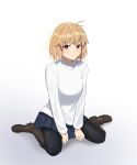  1girl absurdres ahoge arcueid_brunestud belt_boots black_pantyhose blonde_hair blush boots breasts brown_boots coti_neko hands_on_floor highres jewelry large_breasts looking_at_viewer necklace on_floor pantyhose red_eyes short_hair sitting skirt smile sweater tsukihime tsukihime_(remake) turtleneck turtleneck_sweater type-moon wariza 