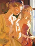  2girls :d amo_(amo_0514) arm_across_waist bare_shoulders blush breasts brown_eyes brown_hair check_copyright chinese_commentary cleavage closed_eyes collarbone commentary_request copyright_request day dress earrings elbow_gloves gloves hair_bun hand_up highres indoors jewelry laughing long_hair looking_at_another looking_to_the_side medium_breasts multiple_girls necklace open_mouth original parted_bangs red_dress ring short_hair single_hair_bun smile standing strapless strapless_dress sunlight three-quarter_sleeves turning_head white_gloves window yellow_dress 