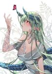  1girl arm_tattoo blue_horns blue_tail blush breast_tattoo breasts bug butterfly cleavage collarbone commentary dragon_girl dragon_horns dragon_tail flower green_hair grey_robe hair_between_eyes hair_flower hair_ornament hand_up highres horns large_breasts long_hair looking_at_another neck_tattoo original parted_lips pointy_ears red_butterfly red_eyes robe simple_background single_bare_shoulder sleeveless sleeveless_robe solo tail takeno_omoti tattoo upper_body white_background white_flower 