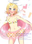  1girl :d aqua_eyes arm_tattoo bare_arms bare_shoulders bikini blonde_hair blush bow breasts cleavage collarbone commentary cowboy_shot fangs frilled_bikini frills hair_bow hair_ornament hairclip halterneck headphones highres innertube kagamine_rin kawahara_chisato looking_at_viewer navel number_tattoo open_mouth parallel_hairclips polka_dot polka_dot_bikini short_hair sidelocks skin_fangs small_breasts smile solo standing stomach swim_ring swimsuit tattoo thighs transparent vocaloid watermark white_background white_bikini white_bow 