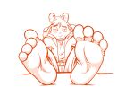  4_toes anthro barefoot belt bottomwear bovid caprine clothed clothing eccentricchimera feet fur goat hair half-closed_eyes hi_res hoodie horn humanoid_feet looking_at_viewer male mammal monochrome narrowed_eyes pants plantigrade shirt smile solo toe_curl toes topwear 