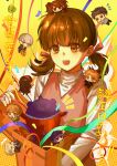  1girl :d absurdres amagi_yukiko animal_ears bear_ears bear_tail black_hair black_jacket black_pants blue_eyes blue_hair blue_hat bow box brown_eyes brown_hair cabbage cake character_doll chibi child chinese_commentary chinese_text commentary_request confetti doll doujima_nanako doujima_ryoutarou dress food furrowed_brow gift gift_box green_jacket grey_eyes grey_hair grey_shirt hair_bow hair_slicked_back hairband halftone halftone_background hanamura_yousuke happy happy_birthday hat highres holding_lid jacket kujikawa_rise kuma_(persona_4) long_hair long_sleeves looking_down low_twintails multiple_hair_bows narukami_yu notice_lines open_box pants persona persona_4 pinafore_dress pink_bow pink_dress pleated_skirt red_hairband red_jacket ribbon satonaka_chie shirogane_naoto shirt short_hair short_twintails skirt sleeveless sleeveless_dress smile tail tatsumi_kanji teeth turtleneck turtleneck_shirt twintails upper_body upper_teeth_only white_shirt xinjinjumin827309438066 yellow_background yellow_ribbon zipper 