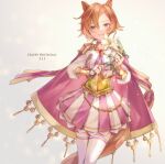  1girl animal_ears cape commentary_request cowboy_shot dated fingerless_gloves flower gloves happy_birthday highres holding holding_flower horse_ears horse_girl horse_tail long_sleeves looking_at_viewer nnmkmwakaranai open_mouth orange_hair pink_cape pink_skirt purple_eyes shirt short_hair simple_background single_glove skirt smile solo t.m._opera_o_(umamusume) tail thighhighs two-tone_skirt umamusume white_background white_flower white_gloves white_shirt white_skirt white_thighhighs zettai_ryouiki 