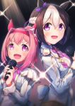  2girls :d bow braid brooch brown_hair collared_shirt commentary ear_bow flower-shaped_pupils hair_between_eyes hairband haru_urara_(umamusume) highres holding holding_microphone jewelry long_sleeves microphone moko39_takasora multicolored_hair multiple_girls pink_bow pink_hair ponytail purple_bow purple_eyes red_hairband shirt smile special_week_(umamusume) symbol-shaped_pupils two-tone_hair umamusume upper_body v-shaped_eyebrows white_bow white_hair white_shirt 