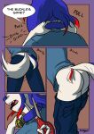 2016 2_tails anthro artist_name barefoot bell bell_collar biped blue_hair blue_markings blue_nose bottomwear breasts butt canid canine clothed clothed_anthro clothed_female clothing collar colored comic denim denim_bottomwear denim_clothing dialogue english_text feet female female_anthro fox fully_clothed fully_clothed_anthro fully_clothed_female fur gender_transformation growth hair halcy0n hi_res human_to_anthro inside jeans mammal markings motion_lines mtf_transformation multi_tail onomatopoeia open_mouth pants pants_falling_down partially_clothed r3n4_(rena777) red_hair red_markings scissors shaded shirt side_view signature solo sound_effects species_transformation speech_bubble standing t-shirt tail tail_growth tail_motion tailwag text three-quarter_view topwear transformation white_body white_fur