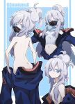  1girl absurdres ass back blue_eyes breasts butt_crack deux_murasame gundam gundam_gquuuuuux hair_bun hair_censor hair_over_breasts highres long_hair looking_at_viewer mask mecha_pilot_suit mouth_mask multiple_views sidelocks small_breasts solo white_hair xueding&#039;e_de_chou_xiongmao 