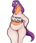  2022 anthro belly bottomwear breasts chubby_anthro chubby_female clothed clothing cobra crop_top english_text eyebrows fangs female hi_res hoodie keeshee love_handles mommy_kink navel ncs non-mammal_breasts open_mouth open_smile pants reptile scalie shirt simple_background smile snake snake_hood solo standing text text_on_clothing text_on_hoodie text_on_topwear thick_thighs tongue topwear white_background 