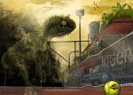 abelisaurid absurd_res ambiguous_gender ball building camo carnotaurus chameleon claws cloud dinosaur english_text fence feral forest green_body green_scales hi_res horn invisible jurassic_park light light_beam lizard osteoderms outside pauloomarcio plant prehistoric_species reptile scales scalie solo sunbeam sunlight tennis_ball tennis_court text theropod tree universal_studios vehicle