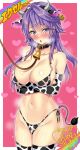  1girl alternate_costume anemone_(flower_knight_girl) animal_ears animal_print arms_under_breasts bare_shoulders bell bikini black_collar blush breasts cameltoe cleavage collar collarbone commission cow_ears cow_horns cow_print cow_print_bikini cow_print_sleeves cow_tail cowbell cowboy_shot detached_sleeves fake_animal_ears fake_horns flower_knight_girl heart heavy_breathing highres horns large_breasts leash long_hair long_sleeves looking_at_viewer macaroni_hourensou navel open_mouth print_bikini purple_eyes purple_hair side-tie_bikini_bottom skeb_commission solo stomach string_bikini sweat swimsuit tail thighhighs thighs white_thighhighs 