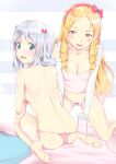  2girls ass back barefoot bed_sheet blonde_hair blue_eyes blush bokoboko bow bow_panties bra breasts butt_crack camisole cleavage collarbone commentary_request drill_hair elbow_gloves eromanga_sensei feet from_behind full_body gloves grey_hair hair_bow hairband highres izumi_sagiri kneeling long_hair looking_at_another looking_at_viewer looking_back medium_breasts multi-strapped_panties multiple_girls open_bra open_mouth orange_eyes panties pillow pink_bra pink_camisole pointy_ears red_hairband shoulder_blades side-tie_panties sitting small_breasts soles spine string_bra string_panties topless_female twin_drills underwear underwear_only untied_panties untying wariza wavy_mouth white_gloves white_panties yamada_elf yuri 