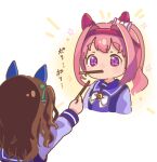  2girls animal_ears bow brown_hair commentary_request cropped_torso ear_bow flower-shaped_pupils food food_in_mouth green_bow hair_bow hairband haru_urara_(umamusume) highres holding holding_food horse_ears king_halo_(umamusume) long_hair long_sleeves moko39_takasora mouth_hold multiple_girls one_side_up pink_hair pocky pocky_day ponytail puffy_long_sleeves puffy_sleeves purple_eyes purple_shirt red_hairband school_uniform shirt symbol-shaped_pupils tracen_school_uniform translation_request umamusume upper_body white_background white_bow 