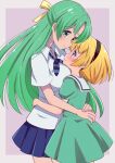  2girls bangs black_hairband blonde_hair blouse blue_ribbon blue_skirt blush closed_mouth commentary dress green_dress green_eyes green_hair hair_ribbon hairband higurashi_no_naku_koro_ni houjou_satoko hug juugoya_neko light_frown light_smile long_hair looking_at_another medium_dress miniskirt multiple_girls neck_ribbon parted_bangs pleated_skirt puffy_short_sleeves puffy_sleeves purple_eyes ribbon sailor_collar sailor_dress school_uniform short_hair short_sleeves skirt sonozaki_shion standing white_blouse white_sailor_collar yellow_ribbon yuri 