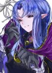  1girl blue_eyes blue_hair braid breasts dress fate/stay_night fate_(series) gloves hecate&#039;s_staff_(fate) holding holding_staff jewelry long_hair long_sleeves looking_at_viewer medea_(caster)_(fate) medea_(fate) pointy_ears portrait rasupekuto side_braid smile solo staff 