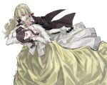  2girls 9urodine back_bow bare_shoulders black_gloves black_jacket blonde_hair bow breasts brown_hair closed_eyes closed_mouth coattails collared_shirt dress elbow_gloves fur-trimmed_dress fur_trim glint gloves hair_between_eyes hair_bun hair_ribbon highres holding_hands interlocked_fingers jacket jewelry light_smile long_dress long_hair long_sleeves looking_at_another low_ponytail lying medium_breasts multiple_girls necklace off-shoulder_dress off_shoulder official_alternate_costume official_alternate_hairstyle on_back outstretched_arm parted_bangs parted_lips ponytail red_eyes red_ribbon ribbon saijou_claudine shirt short_hair_with_long_locks shoujo_kageki_revue_starlight side-by-side sidelocks simple_background single_hair_bun suit tendou_maya white_background white_bow white_dress white_gloves white_shirt yuri 