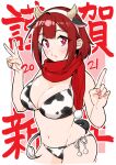  1girl 2021 animal_ear_hairband animal_ears animal_print bikini border breasts commentary_request cow_ear_hairband cow_ears cow_horns cow_print cow_print_bikini cow_tail cropped_legs fake_animal_ears fake_horns fake_tail finger_counting hairband highres horns large_breasts light_blush looking_at_viewer navel original outline outside_border parted_lips pink_background pink_nails print_bikini red_eyes red_hair red_scarf scarf short_hair side-tie_bikini_bottom solo swimsuit tail takuji_yuusaku translation_request white_border white_outline 