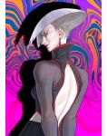  1girl a.k.i._(street_fighter) back_cutout black_pants breasts china_dress chinese_clothes clothing_cutout dress earrings evil_smile from_behind grey_hair highres impossible_hair jewelry notreally0 pants profile red_eyes red_lips red_trim see-through_clothes see-through_sleeves short_hair smile solo street_fighter street_fighter_6 tassel tassel_earrings upper_body 