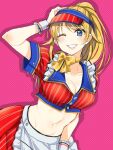  arm_up blonde_hair blue_eyes blush breasts character_request collarbone dotted_background frills hachimiya_meguru hand_on_own_head highres idolmaster idolmaster_shiny_colors long_hair medium_breasts midriff narrow_waist navel one_eye_closed pink_background ponytail smile teeth uogashi_sorato visor_cap 