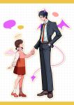  1boy 1girl absurdres adachi_tooru age_difference belt belt_buckle black_eyes black_hair black_jacket black_pants black_suit blank_speech_bubble bow breast_pocket brown_belt brown_hair brown_shoes buckle business_suit closed_mouth demon_horns demon_tail demon_wings doujima_nanako drawn_ears drawn_halo drawn_tail drawn_wings dress dress_pants dress_shirt full_body grid_background grin hair_bow halo hand_in_pocket highres holding_hands horns jacket lapels letterboxed loafers long_sleeves looking_at_another looking_down low_twintails multicolored_dress multiple_hair_bows necktie notched_lapels outline pants persona persona_4 pinafore_dress pink_bow pink_dress pink_shoes pink_wings pocket qieman_(wopei518) red_dress red_necktie shirt shirt_tucked_in shoes short_dress short_hair short_twintails sleeveless sleeveless_dress smile socks speech_bubble standing striped_clothes striped_dress suit suit_jacket tail traditional_halo turtleneck turtleneck_shirt twintails vertical-striped_clothes vertical-striped_dress white_outline white_shirt white_socks wings yellow_halo 