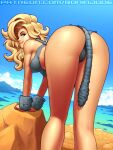  1girl aqua_eyes arm_support artist_name ass ass_focus ayla_(chrono_trigger) bare_shoulders bent_over blonde_hair blue_background blue_sky breasts cameltoe caveman chrono_trigger cloud cloudy_sky commentary day english_commentary from_behind horizon lips long_hair looking_at_viewer medium_breasts nose nostrils ocean outdoors reward_available ronindude sky solo thighs water web_address 