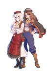  2girls absurdres albino anica_domazet apron bead_necklace beads belt black_socks blue_pantaloons blue_pants blue_vest blush bonnet boots breasts brown_hair capelet check_clothing closed_mouth clothing_request commission commissioner_upload croatia croatian_clothes crossed_arms curly_hair dress embarrassed embroidery fingernails fluffkaiser full_body fur_trim gradient_background green_eyes grin hand_on_another&#039;s_hip hand_on_own_hip hat highres jacket jewelry knee_boots leather leather_belt leather_boots long_hair long_sleeves looking_down mole mole_under_eye multiple_girls neckerchief necklace non-web_source original pantaloons pants poet_sleeves pout puffy_sleeves red_apron red_eyes republika_srpska_krajina serbia serbian_clothes shirt shoes skirt slavic_clothes smile socks spread_legs transparent_background unworn_jacket vest white_dress white_hair white_shirt yellow_neckerchief yuri zarya_petrovic 