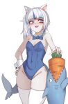 1girl absurdres alternate_costume animal_ears blue_bow blue_bowtie blue_eyes blue_leotard blue_streaks bow bowtie breasts carrot cat_ears detached_collar fins fish_tail gawr_gura highleg highleg_leotard highres hololive hololive_english iver_(reviolet) leotard light_blush long_hair shark shark_girl shark_tail sharp_teeth side_ponytail simple_background small_breasts solo strapless strapless_leotard tail teeth thighhighs virtual_youtuber white_background white_hair white_thighhighs wrist_cuffs 