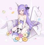  1girl azur_lane bare_shoulders blush breasts dress elbow_gloves gloves hair_bun hansum highres long_hair looking_at_viewer manjuu_(azur_lane) medium_breasts open_mouth purple_eyes purple_hair single_hair_bun single_side_bun sitting smile solo stuffed_animal stuffed_toy thighhighs unicorn_(azur_lane) very_long_hair wariza white_dress white_gloves white_thighhighs 