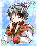  1boy 2000s_(style) blue_background brown_hairband closed_mouth coat commentary_request earclip feather_hair_ornament feathers gold_trim grey_hair hair_ornament hair_over_one_eye hairband hand_on_own_chin high_priest_(ragnarok_online) long_sleeves looking_at_viewer lowres male_focus multicolored_coat pointy_ears ragnarok_online red_coat red_eyes short_hair smile solo tomiya_airu two-tone_coat upper_body white_coat 