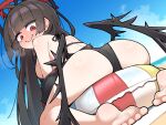  1girl ass ass_focus bikini black_bikini black_hair black_wings blood blood_halo blue_archive blue_sky blush day halo highres huinyeoul liquid_halo long_hair nervous_smile nervous_sweating outdoors red_eyes sky smile solo sweat swimsuit tsurugi_(blue_archive) tsurugi_(swimsuit)_(blue_archive) very_long_hair wings 