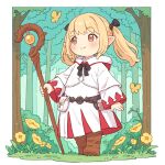  1girl blonde_hair boots brown_boots brown_eyes closed_mouth commentary_request final_fantasy final_fantasy_xiv flat_chest grass holding holding_staff lalafell long_sleeves medium_hair onyhakase outdoors pointy_ears robe smile solo staff standing twintails white_robe 