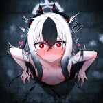  1girl absurdres alternate_hairstyle black_hair blue_archive blush closed_mouth completely_nude crossed_bangs demon_girl demon_horns hair_between_eyes heart highres horns implied_sex kayoko_(blue_archive) long_hair looking_at_viewer manli multicolored_hair nude solo through_wall two-tone_hair white_hair 