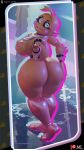  3d_(artwork) animatronic anthro areola armband avian beakless big_butt bird bracelet breasts butt chicken curvy_figure digital_media_(artwork) female five_nights_at_freddy&#039;s five_nights_at_freddy&#039;s_2 galliform gallus_(genus) glowing glowing_eyes hand_on_butt hand_on_own_butt hi_res jewelry looking_at_viewer looking_back looking_back_at_viewer machine magiccorpo nipple_piercing nipples non-mammal_breasts non-mammal_nipples orange_areola orange_nipples phasianid piercing rear_view robot robot_anthro scottgames sharp_teeth smile smiling_at_viewer solo spiked_armband spiked_bracelet spikes teeth thick_thighs toy_chica_(fnaf) watermark wide_hips 