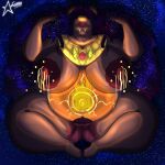 absurd_res anthro big_breasts bodily_fluids breast_milking breasts cosmic_hair cosmosarts deity ethereal_hair eyes_closed female floating gold_(metal) gold_jewelry gold_paint hi_res hyena jewelry lactating mammal nova_stella_(cosmosarts) pregnant pregnant_female pubes sagging_breasts solo