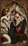  1girl alicetarrandalf blood blood_on_weapon blue_eyes bow bracelet brown_hair dress frilled_dress frilled_skirt frilled_sleeves frills green_dress green_hat hat heart highres jewelry lace large_hat long_hair original royal_robe skirt smile solo stabbed_heart sword veil weapon 