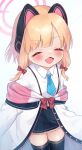  1girl absurdres animal_ear_headphones animal_ears black_skirt black_thighhighs blonde_hair blue_archive blue_necktie blush bow breasts buttons cat_ear_headphones cat_ears closed_eyes collared_shirt commentary cowboy_shot dress_shirt facing_viewer fake_animal_ears frilled_skirt frills hair_bow halo headphones highres jacket long_sleeves low-tied_sidelocks medium_hair miniskirt momoi_(blue_archive) multicolored_jacket necktie off_shoulder open_mouth parted_bangs pink_halo pink_jacket pleated_skirt red_bow school_uniform shirt short_necktie sidelocks simple_background skirt small_breasts smile solo suspender_skirt suspenders thighhighs thighs tsukumo_(pixiv32592569) unbuttoned white_background white_jacket white_shirt zettai_ryouiki 