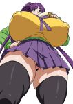  1girl banana black_thighhighs bow bowtie covered_nipples duo_kawa eiken food fruit hand_on_own_hip highres long_hair miniskirt misono_kirika no_panties ponytail purple_bow purple_bowtie purple_eyes purple_hair purple_skirt pussy school_uniform sidelocks skin_tight skindentation skirt solo sweater_vest thighhighs very_long_hair yellow_sweater_vest zashono_academy_school_uniform 