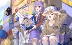  3girls alternate_costume amusement_park badge bag balloon bent_over blonde_hair blue_bag blue_bow blue_dress bow braid brown_shirt button_badge closed_eyes dress empty_eyes feet_out_of_frame gate grey_hair hand_fan hat highres holding holding_bag indis jacket jitome lab_coat long_hair long_sleeves mob_cap multiple_girls one_eye_closed orb outdoors plastic_bag ponytail poster_(object) purple_skirt red_dress red_eyes red_jacket ribbon shirt shopping_bag side_braid single_braid skirt smile squatting star_(symbol) star_in_eye sweatdrop symbol_in_eye tasukete_eirin teeth thumbs_up touhou two-tone_dress upper_teeth_only watatsuki_no_toyohime watatsuki_no_yorihime white_shirt wiping_sweat yagokoro_eirin yellow_ribbon yin_yang yin_yang_orb 