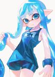  1girl bare_shoulders bike_shorts blue_eyes blue_hair blue_shorts blue_tank_top breasts closed_mouth commentary_request cowboy_shot holding holding_own_hair inkling inkling_girl inkling_player_character kodak_painter long_hair looking_at_viewer pointy_ears shorts small_breasts smile solo splatoon_(series) tank_top tentacle_hair very_long_hair white_background wristband 