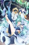  1girl alternate_costume aqua_eyes aqua_hair aqua_nails armpits arms_up asymmetrical_legwear blue_dress blue_thighhighs blush breasts detached_sleeves dress frilled_dress frills fujishiro_kazuha hair_between_eyes hair_ornament hatsune_miku high_heels highres holding holding_scepter long_hair long_sleeves looking_at_viewer medium_breasts midriff musical_note open_mouth scepter sheet_music smile solo thighhighs twintails very_long_hair vocaloid 
