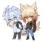  2boys alternate_costume animal_ear_fluff animal_ears antenna_hair arm_tattoo bag black_choker blonde_hair blue_eyes bottle braid chibi chibi_only chinese_commentary choker collared_shirt commentary_request dog_boy dog_ears dog_tail doodle-xw earrings facial_tattoo fox_boy fox_ears fox_tail gold_earrings gradient_hair guitar_case hair_between_eyes holding holding_bottle honkai:_star_rail honkai_(series) instrument_case jewelry looking_at_viewer male_focus medium_hair multicolored_hair multiple_boys mydei_(honkai:_star_rail) parted_bangs phainon_(honkai:_star_rail) ponytail red_hair red_tattoo shirt short_hair side_braid simple_background sweat tail tattoo watch waving white_background white_hair white_shirt wristwatch yellow_eyes 