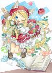  1girl animal_ears apple artist_name basket blonde_hair blue_eyes book boots brown_boots brown_sleeves corset dated emil_chronicle_online fang food frilled_skirt frills fruit green_ribbon highres holding holding_basket leaf long_hair neck_ribbon one_eye_closed open_mouth painting_(medium) red_hood red_skirt ribbon shinomaru_hajime shirt shugoma_shimotsuki skirt socks traditional_media watercolor_(medium) white_shirt white_socks wolf_ears 